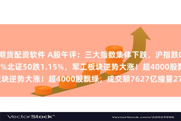 期货配资软件 A股午评：三大指数集体下跌，沪指跌0.2%创业板指跌0.36%北证50跌1.15%，军工板块逆势大涨！超4000股飘绿，成交额7627亿缩量276亿